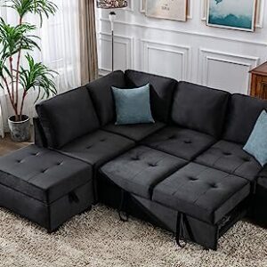 L-Shaped Corner Sleeper Sectional Sofa W/ Pull Out Cozy Sleep Couch Bed, Modern Practical Sectional & Sofa with Storage Ottoman ,Hidden Arm Storage and USB Charge for Home Apartment Living Room Sets