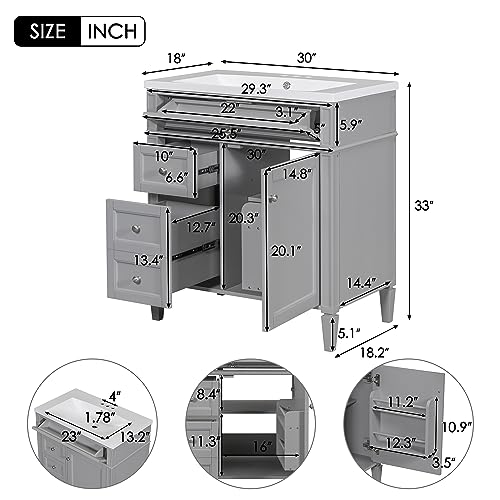 Virubi 30" Bathroom Vanity with Single Sink Combo, Modern Undermount Bathroom Sink Cabinet with 2 Drawers and a Tip-Out Drawer, Freestanding Bathroom Vanities （Grey）