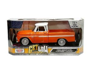 1966 chevy c10 fleetside pickup truck lowrider orange metallic with white top get low series 1/24 diecast model car by motormax 79034cop