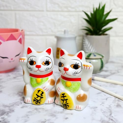 Maneki Neko Lucky Cat, Magnetic Salt and Pepper Shakers, Housewarming Gift and Home Decor, 2.25 by 3.75 Inches