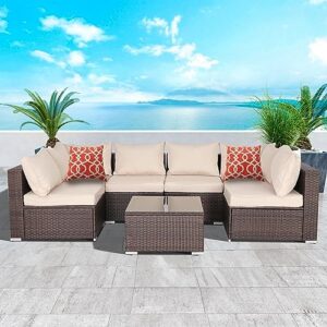 yoyomax, light brown outdoor clearance, 7 pieces patio furniture all weather pe rattan wicker conversation sofa set w/6 chairs, pillows, coffee table for balcony backyard garden, 7pcs-b