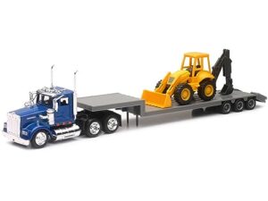 kenworth w900 truck with lowboy trailer blue and backhoe yellow long haul trucker series 1/43 diecast model by new ray 15303b