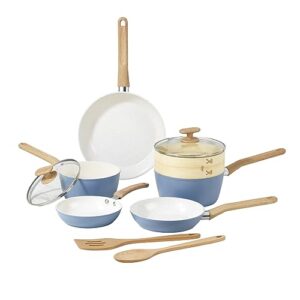 goodcook 10-piece healthy ceramic titanium-infused cookware set with pots, pans, steamer, spoon, and turner, nonstick pots and pans set for kitchen, light blue