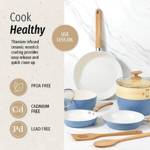 GoodCook 10-Piece Healthy Ceramic Titanium-Infused Cookware Set with Pots, Pans, Steamer, Spoon, and Turner, Nonstick Pots and Pans Set for Kitchen, Light Blue