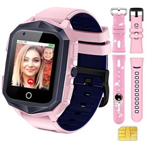smart watch for kids with sim card, 4g kids gps tracker watch unlocked, wifi, sms,2 way call video & voice chat sos pedometer, kids cell phone watch birthday gifts for 3-15 boys girls (73-pink)