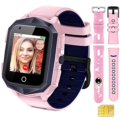 Smart Watch for Kids with SIM Card, 4G Kids GPS Tracker Watch Unlocked, WiFi, SMS,2 Way Call Video & Voice Chat SOS Pedometer, Kids Cell Phone Watch Birthday Gifts for 3-15 Boys Girls (73-Pink)