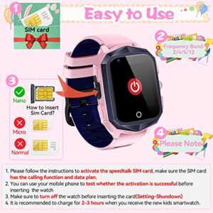 Smart Watch for Kids with SIM Card, 4G Kids GPS Tracker Watch Unlocked, WiFi, SMS,2 Way Call Video & Voice Chat SOS Pedometer, Kids Cell Phone Watch Birthday Gifts for 3-15 Boys Girls (73-Pink)