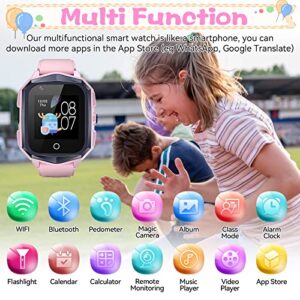 Smart Watch for Kids with SIM Card, 4G Kids GPS Tracker Watch Unlocked, WiFi, SMS,2 Way Call Video & Voice Chat SOS Pedometer, Kids Cell Phone Watch Birthday Gifts for 3-15 Boys Girls (73-Pink)