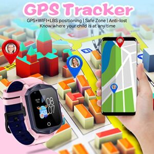 Smart Watch for Kids with SIM Card, 4G Kids GPS Tracker Watch Unlocked, WiFi, SMS,2 Way Call Video & Voice Chat SOS Pedometer, Kids Cell Phone Watch Birthday Gifts for 3-15 Boys Girls (73-Pink)