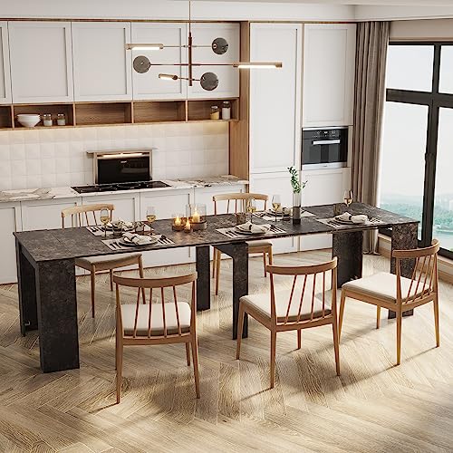 118.5" Extendable Marble Dining Table for 6-12 Pepole, Modern Large Kitchen Dining Room Table with Faux Marble Top & Space Saving Design, Extendable Wood Dining Table for Dining Room Office