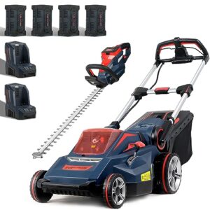 worth garden 84v 20" cordless battery brushless motor self-propelled lawn mower, 19" hedge trimmer with 4 x 2.5ah lithium batteries & 2 fast chargers in 40mins