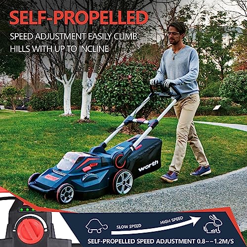 Worth Garden 84V 20" Cordless Battery Brushless Motor Self-propelled Lawn Mower, 19" Hedge Trimmer with 4 x 2.5AH Lithium Batteries & 2 Fast Chargers in 40Mins