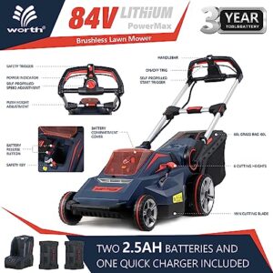 Worth Garden 84V 20" Cordless Battery Brushless Motor Self-propelled Lawn Mower, 19" Hedge Trimmer with 4 x 2.5AH Lithium Batteries & 2 Fast Chargers in 40Mins