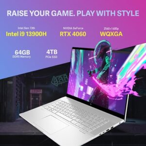 HP Envy 16” WQXGA Touchscreen Business Gaming Laptop, Core i9 13900H, NVIDIA GeForce RTX 4060, 64GB DDR5, 4TB SSD, Backlit KB, Quad Speakers, B&O Audio, 5MP Camera, Silver, Win 11, 32GB USB Card