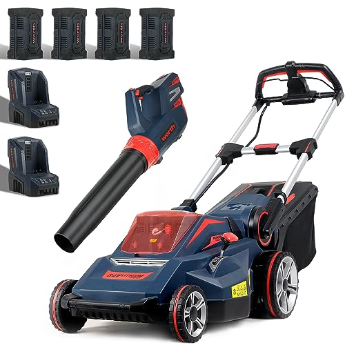 Worth Garden 84V 20" Cordless Battery Brushless Motor Self-propelled Lawn Mower & 500CFM, 125MPH Leaf Blower & 4 2.5AH Lithium Batteries&2 Fast Chargers in 40Mins