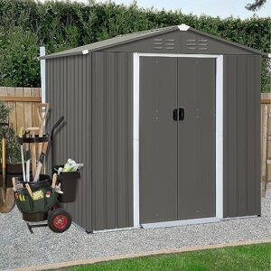 mirafit 6x4 ft storage shed, galvanized steel sheds & outdoor storage cabinet with sliding door, garden metal shed for tool, bike, lawn mower, backyard, patio, olive gray