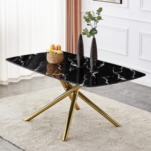 ssline faux marble dining table,71 inch tempered glass dining table,modern rectangular table with x-sahped gold metal legs for home,kitchen