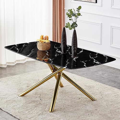 SSLine Faux Marble Dining Table,71 Inch Tempered Glass Dining Table,Modern Rectangular Table with X-Sahped Gold Metal Legs for Home,Kitchen