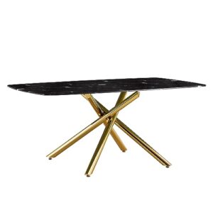 SSLine Faux Marble Dining Table,71 Inch Tempered Glass Dining Table,Modern Rectangular Table with X-Sahped Gold Metal Legs for Home,Kitchen