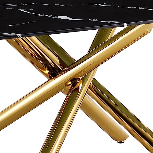 SSLine Faux Marble Dining Table,71 Inch Tempered Glass Dining Table,Modern Rectangular Table with X-Sahped Gold Metal Legs for Home,Kitchen