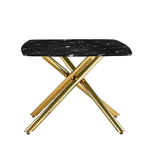 SSLine Faux Marble Dining Table,71 Inch Tempered Glass Dining Table,Modern Rectangular Table with X-Sahped Gold Metal Legs for Home,Kitchen