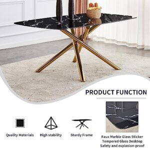 SSLine Faux Marble Dining Table,71 Inch Tempered Glass Dining Table,Modern Rectangular Table with X-Sahped Gold Metal Legs for Home,Kitchen