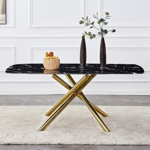 SSLine Faux Marble Dining Table,71 Inch Tempered Glass Dining Table,Modern Rectangular Table with X-Sahped Gold Metal Legs for Home,Kitchen