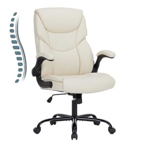 sweetcrispy home office chair, ergonomic high back heavy duty task chair with flip-up arms, pu leather, adjustable swivel rolling chair with wheels, cream