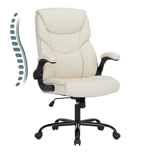 Sweetcrispy Home Office Chair, Ergonomic High Back Heavy Duty Task Chair with Flip-up Arms, PU Leather, Adjustable Swivel Rolling Chair with Wheels, Cream