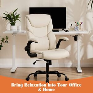 Sweetcrispy Home Office Chair, Ergonomic High Back Heavy Duty Task Chair with Flip-up Arms, PU Leather, Adjustable Swivel Rolling Chair with Wheels, Cream