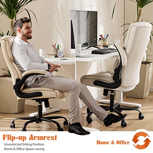 Sweetcrispy Home Office Chair, Ergonomic High Back Heavy Duty Task Chair with Flip-up Arms, PU Leather, Adjustable Swivel Rolling Chair with Wheels, Cream