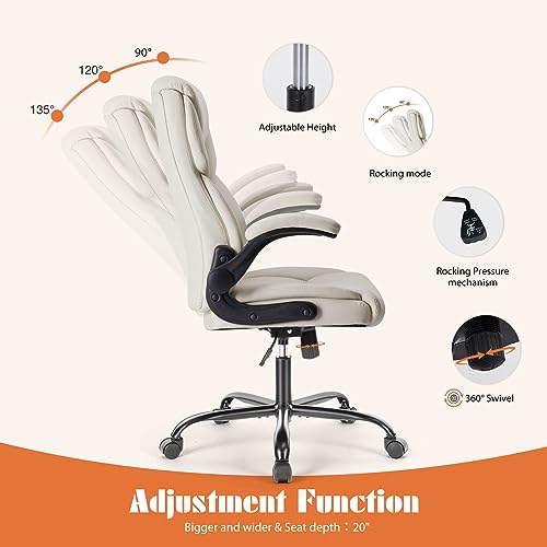 Sweetcrispy Home Office Chair, Ergonomic High Back Heavy Duty Task Chair with Flip-up Arms, PU Leather, Adjustable Swivel Rolling Chair with Wheels, Cream