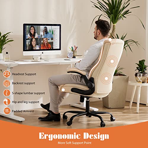 Sweetcrispy Home Office Chair, Ergonomic High Back Heavy Duty Task Chair with Flip-up Arms, PU Leather, Adjustable Swivel Rolling Chair with Wheels, Cream