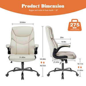 Sweetcrispy Home Office Chair, Ergonomic High Back Heavy Duty Task Chair with Flip-up Arms, PU Leather, Adjustable Swivel Rolling Chair with Wheels, Cream