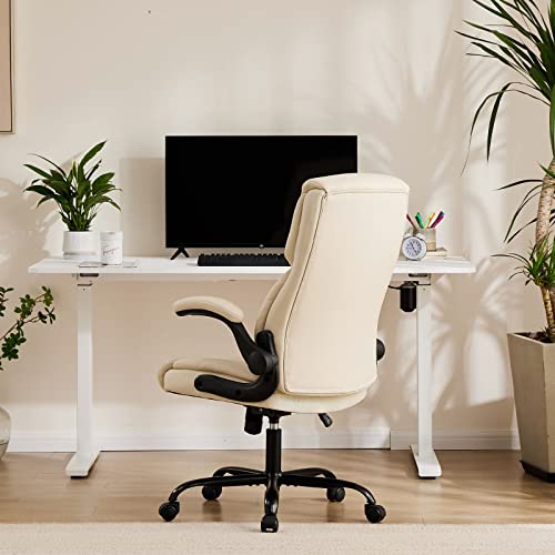 Sweetcrispy Home Office Chair, Ergonomic High Back Heavy Duty Task Chair with Flip-up Arms, PU Leather, Adjustable Swivel Rolling Chair with Wheels, Cream