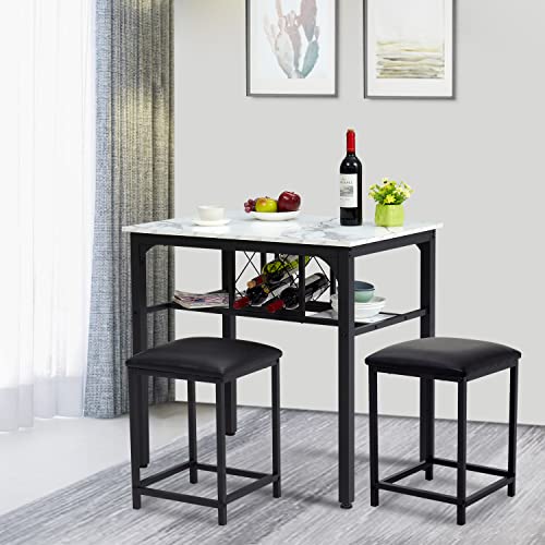 Kinfant 3 Pcs Bar Dining Table and Chairs Set with Faux Marble Tabletop - 2 Chairs, Contemporary Dining Table Set with Wine Rack for Home, Hotel, Dining Room, Kitchen or Bar, White & Black