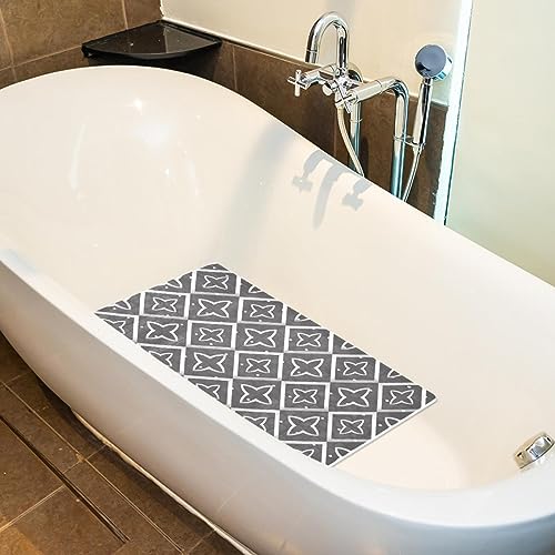 Bath Tub Shower Mat - Anti-Slip PVC Material 15.1x26.8 in, Gentle Cushioning Quick Drying Suction Cups Reliable Solution - Geometric Flowers Pattern - Gray Non-Slip Floor Mat