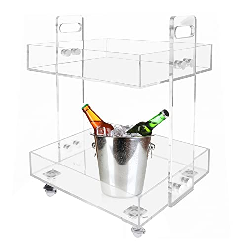 LOHISHILO 2-Tier Heavy Duty Acrylic Rolling Cart Multifunctional Storage End Table with 4 Wheels for Living Room Kitchen, Home, Bar, Party Mobile Cart