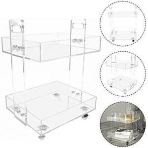 LOHISHILO 2-Tier Heavy Duty Acrylic Rolling Cart Multifunctional Storage End Table with 4 Wheels for Living Room Kitchen, Home, Bar, Party Mobile Cart