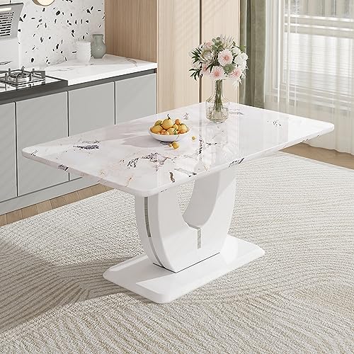 Modern Rectangular Marble Dining Table for 4 to 6, 63 Inch Modern Kitchen Table with White Faux Marble Table Top and U-Shape Pedestal for Dining Room, Kitchen, Living Room (White)