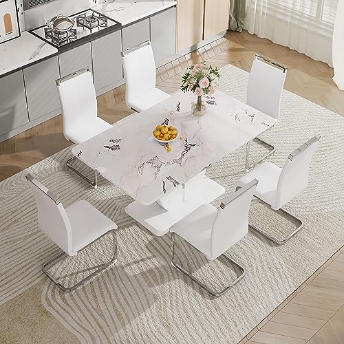 Modern Rectangular Marble Dining Table for 4 to 6, 63 Inch Modern Kitchen Table with White Faux Marble Table Top and U-Shape Pedestal for Dining Room, Kitchen, Living Room (White)