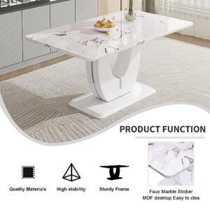 Modern Rectangular Marble Dining Table for 4 to 6, 63 Inch Modern Kitchen Table with White Faux Marble Table Top and U-Shape Pedestal for Dining Room, Kitchen, Living Room (White)