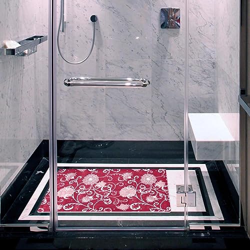 Bath Tub Shower Mat - Anti-Slip PVC Material 15.1x26.8 in, Gentle Cushioning Quick Drying Suction Cups Reliable Solution - Chrysanthemum Pattern - Red Non-Slip Floor Mat