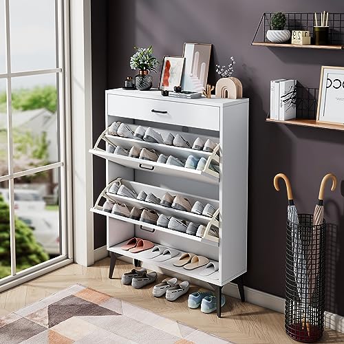 HANLIVES Shoe Cabinet for Entryway, White Narrow Shoe Storage Organizer with 2 Doors 1 Drawers,Flip Down Shoe Rack Wood 4 Tier Shoe Storage Cabinet for Hallway, Living Room,Home and Apartment(White)