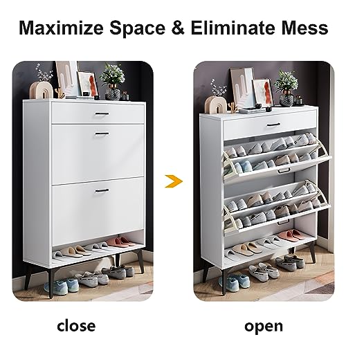 HANLIVES Shoe Cabinet for Entryway, White Narrow Shoe Storage Organizer with 2 Doors 1 Drawers,Flip Down Shoe Rack Wood 4 Tier Shoe Storage Cabinet for Hallway, Living Room,Home and Apartment(White)