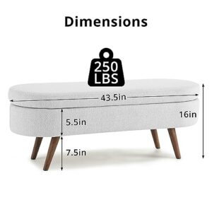 TRIPLE TREE 43.5" Storage Ottoman Bench with 250lb Seating, Linen Upholstered Wood Legs Safety Hinge Flip Top Oval Foot Rest Long Stool for Sofa Couch Bedroom End of Bed Living Room Entryway, White