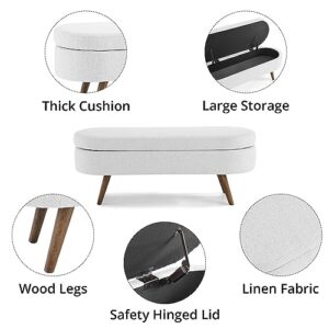 TRIPLE TREE 43.5" Storage Ottoman Bench with 250lb Seating, Linen Upholstered Wood Legs Safety Hinge Flip Top Oval Foot Rest Long Stool for Sofa Couch Bedroom End of Bed Living Room Entryway, White
