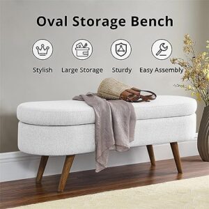 TRIPLE TREE 43.5" Storage Ottoman Bench with 250lb Seating, Linen Upholstered Wood Legs Safety Hinge Flip Top Oval Foot Rest Long Stool for Sofa Couch Bedroom End of Bed Living Room Entryway, White