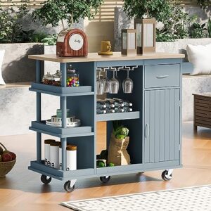 FEELLE Multipurpose Kitchen Island Cart Rolling Kitchen Island with Side Storage Shelves, Rubber Wood Top, Adjustable Storage Shelves, 5 Wheels, Island Table for Kitchen with Wine Rack, Blue