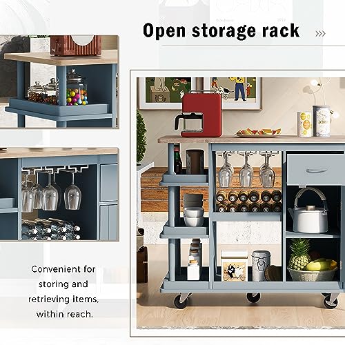 FEELLE Multipurpose Kitchen Island Cart Rolling Kitchen Island with Side Storage Shelves, Rubber Wood Top, Adjustable Storage Shelves, 5 Wheels, Island Table for Kitchen with Wine Rack, Blue